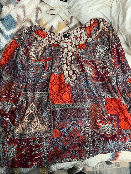 new directions Tops - new directions Red Multi Patchwork Tunic with Embellished Neckline
